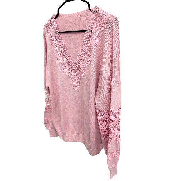 Relaxed Fit Pink Lace Trimmed Deep V Neck Sweater SZ Large Crochet Detail - Picture 3 of 10